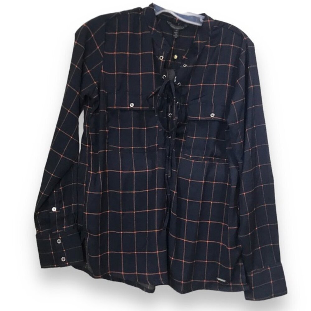 Coupe Collection NEW Check Blouse Lace Up Side Slits Pockets Navy Orange Plaid S